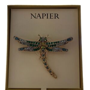 Napier Gold Dragonfly Brooch with Green and Blue Gems